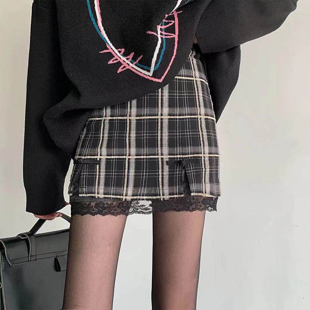 Dark Black Lattice Short Skirt Woman High Waist Open Fork 100 Hitch Skirt Retro 2021 New Lace Splicing A Word Half Body Dress