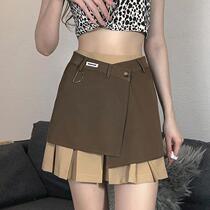 2021 Summer retro splicing of two sets of half-body dress American College Wind a grain button wrapping hip short dress street 100 lap