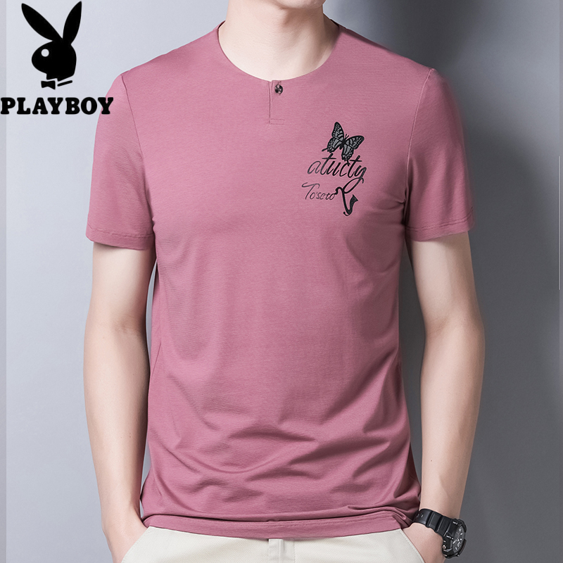 Playboy ngắn tay t-shirt mùa hè vòng cổ áo xu hướng váy gây dựng nửa tay áo T-shirt in bình thường của nam giới trên chiếc váy