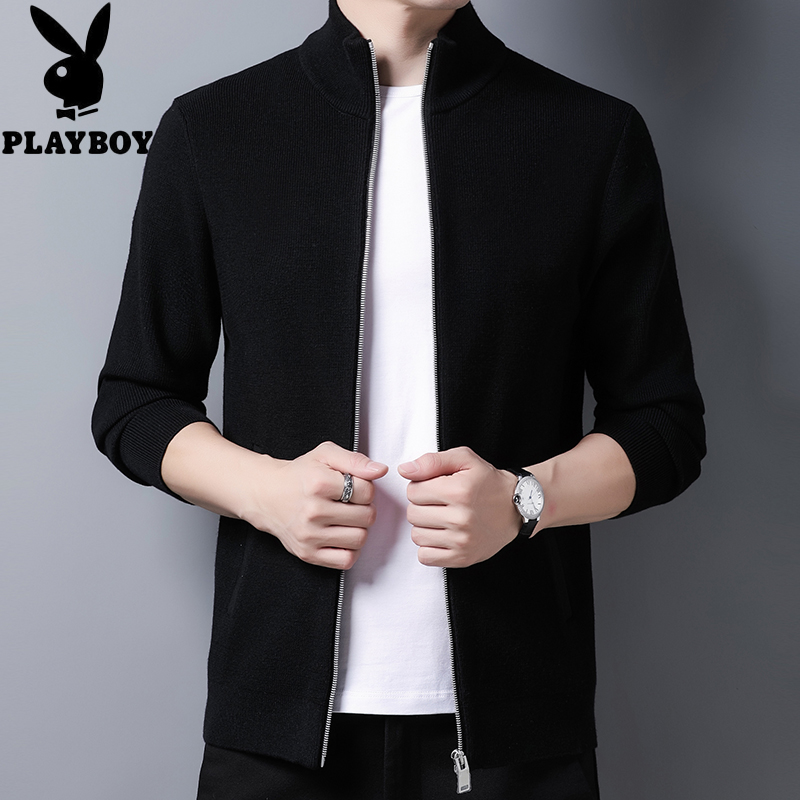 Floral Playboy Winter knit cardiovert male thickened sweater Youth Racist Collar Knit Cardiovert Hooded Jacket Men's Jacket