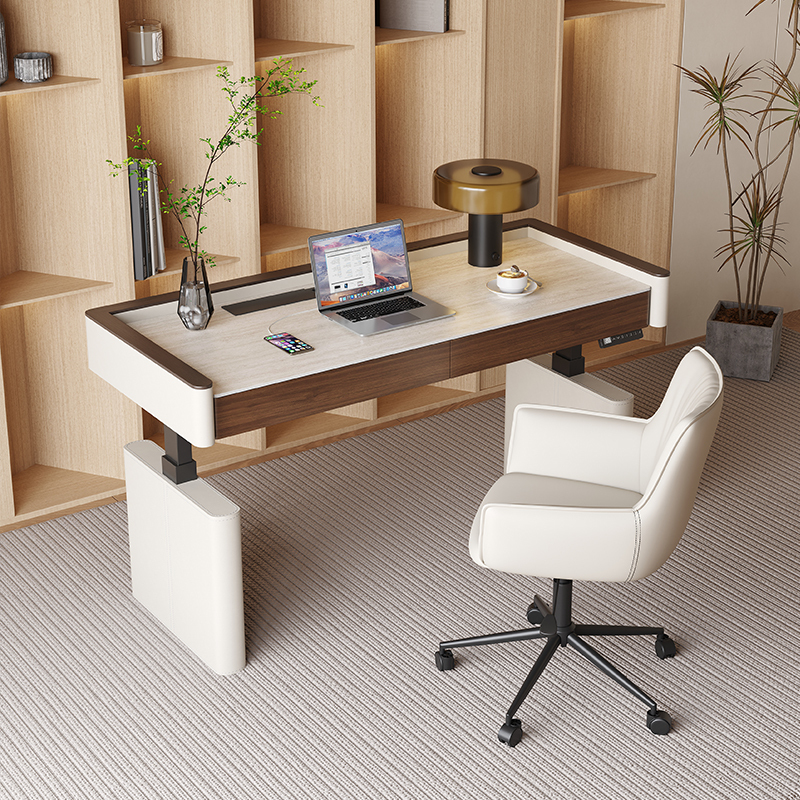 Italian-Style Light Luxury Travertine Saddle Leather Electric Height-Adjustable Desk for Home Study, Smart Adjustable Office Desk, Writing Desk, Computer Desk