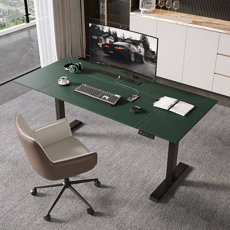 Electric Lift Table, Saddle Leather Smart Desk, Standing Workbench, Study Desk, Office Desk, Solid Wood Gaming Desk