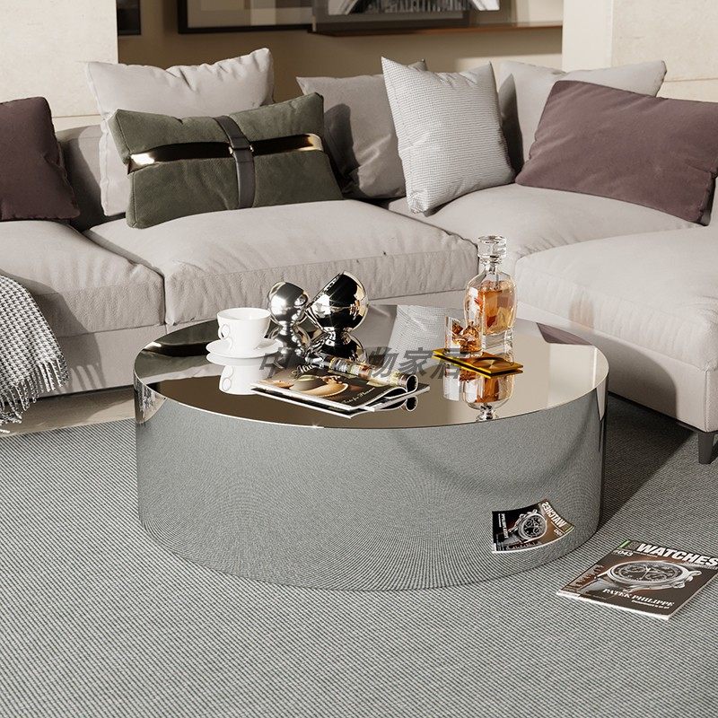 Reception hall round silver mirror coffee table modern light luxury simple stainless steel small tea table clothing store display stand