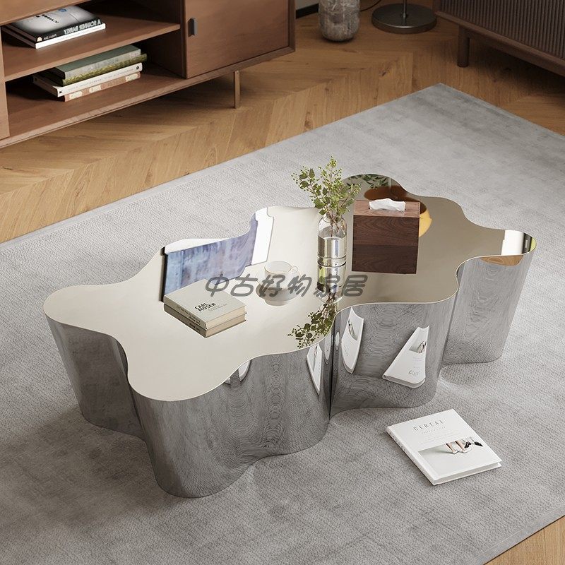 Designer Italian minimalist special-shaped coffee table stainless steel silver shiny high-end creative club coffee table tea table