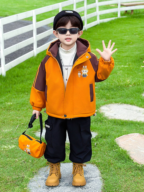 Boys' Fleece-Lined Jacket, Autumn and Winter 2025 New Style, Children's Hooded Windbreaker, Baby Boy Cartoon Thickened Parka