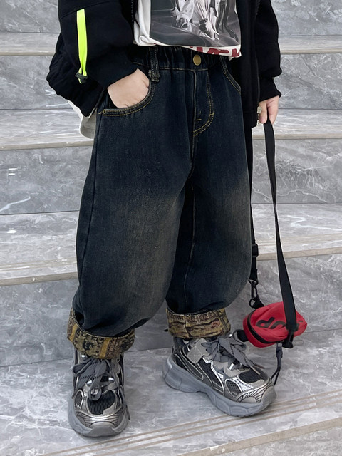 Boys' Fleece-Lined Jeans, Autumn and Winter Style, Children's Integrated Fleece Pants, 2025 New Children's Pants, Baby Winter Casual Pants