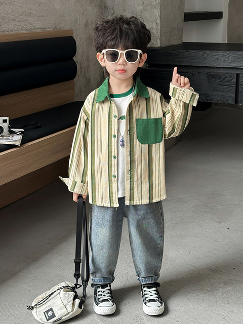 Boys' Long-Sleeved Shirts, Autumn 2025 New Style, Kidsren's Cardigan Shirts, Stylish Baby Spring and Autumn Striped Tops