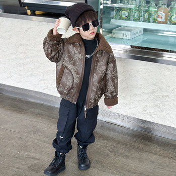 Boys' Fleece-Lined Jacket, Autumn and Winter 2025 New Style, Stylish Children's Leather Jacket, Cool and Handsome Baby Boy Winter Thickened Top