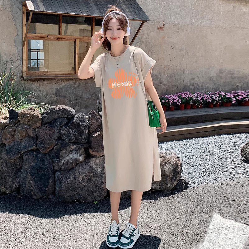 Maternity Wear Pure Cotton Dress Summer Casual Loose Outer Wear Short-Sleeved T-Shirt Dress with Slit to Cover the Pregnant Belly and Knee-Length Skirt
