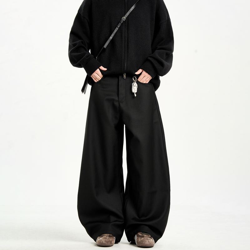 Woostop American-Style High-End Black Scimitar-Cut Trousers for Men, Loose and Drapey Suit Wide-Leg Pants, Casual Pants