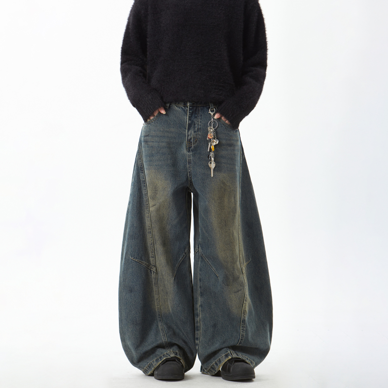 Woostop American Retro Distressed Scimitar Jeans for Men, Loose and Casual Wide-Leg Niche Baggy Sickle Pants Woostop American Retro Distressed Scimitar Jeans for Men, Loose and Casual Wide-Leg Niche Baggy Sickle Pants