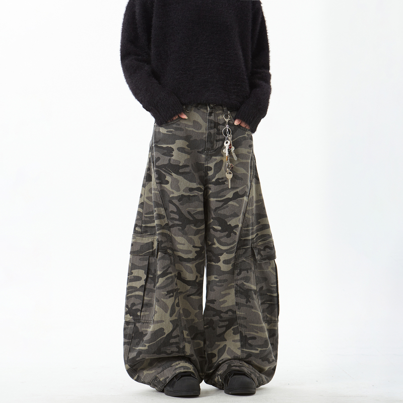 Woostop American Retro Camouflage Scimitar Jeans Unisex Loose Straight Sickle Wide-Leg Pants Workwear Pants