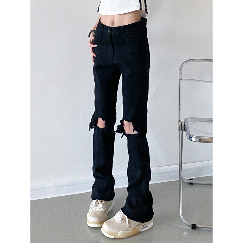 Woostop American High Street Style Black Ripped Jeans for Men, Summer Straight-Leg Flared Pants, Slim Fit Skinny Pants