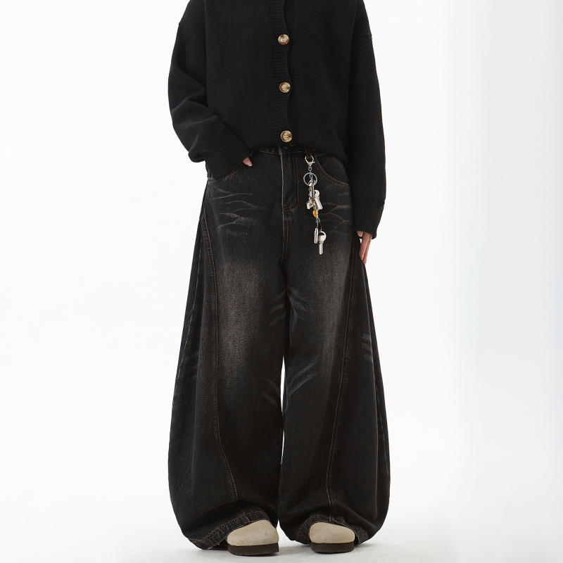 Woostop Retro Black Scimitar Jeans for Men, Trendy American Style, Washed with Whiskers, Drapey Wide-Leg Sickle Pants Woostop Retro Black Scimitar Jeans for Men, Trendy American Style, Washed with Whiskers, Drapey Wide-Leg Sickle Pants