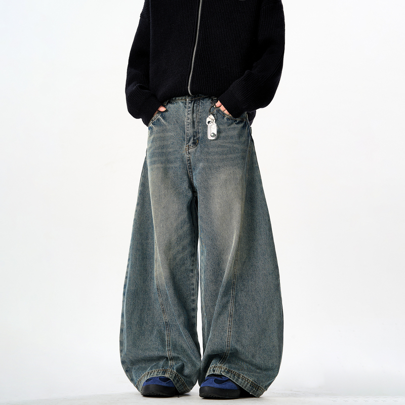 Woostop American Retro Washed Scimitar Jeans Unisex Loose Straight Wide-Leg Sickle Pants Baggy Pants