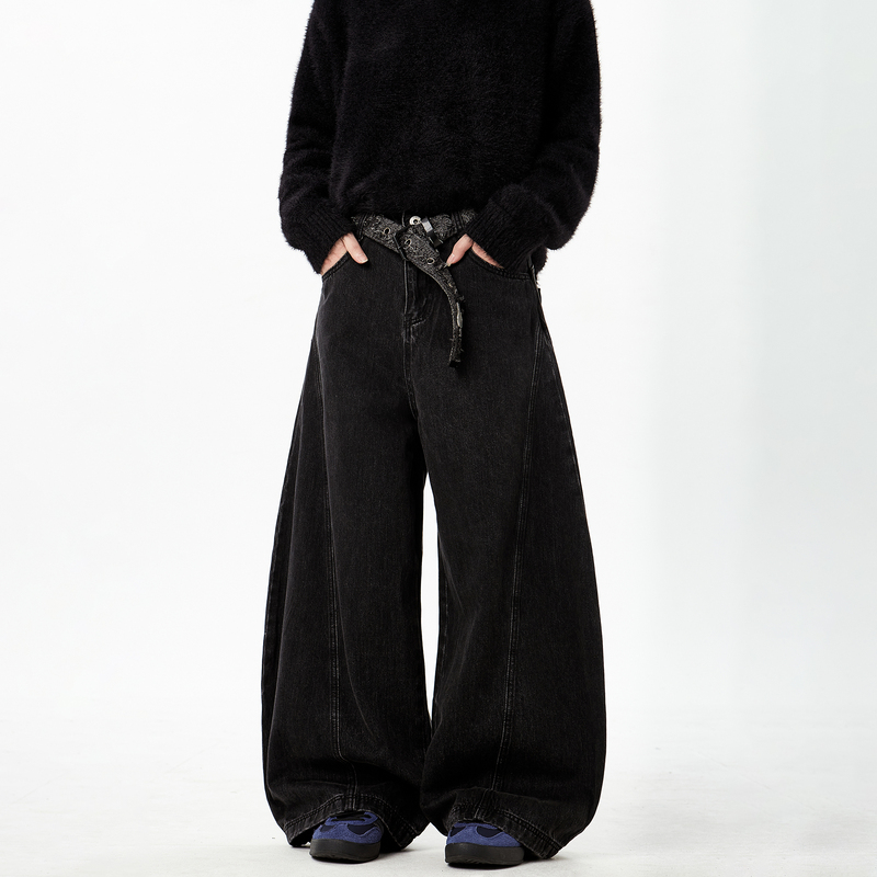Woostop American Retro Black Scimitar Jeans Unisex Loose Straight Wide-Leg Pants Baggy Sickle Pants