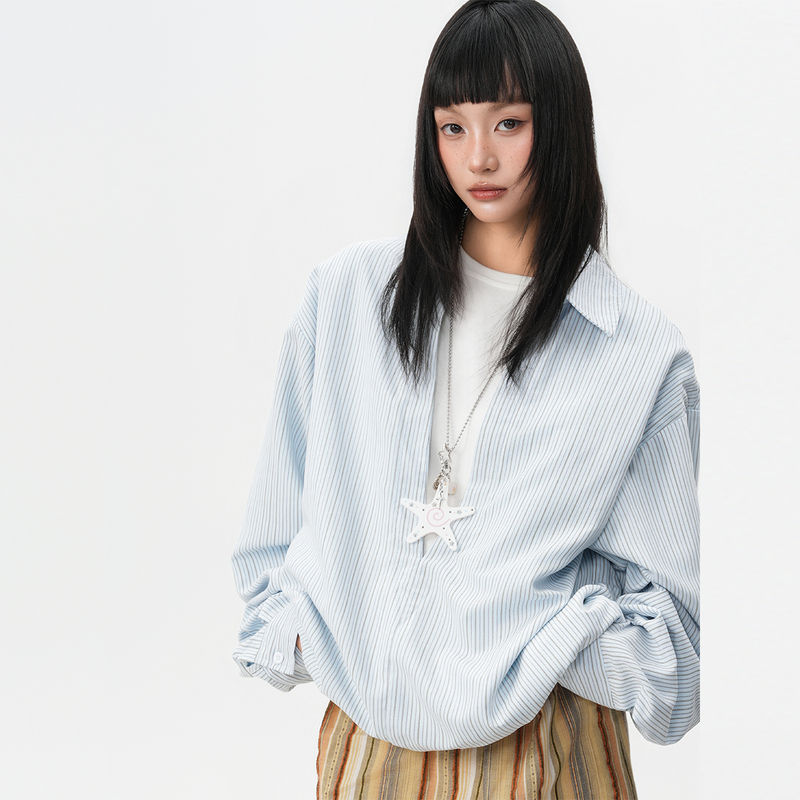Bwka High-Fashion Two-In-One Deep V Striped Shirt for Women and Men, 2026 Autumn Elastic Hem Polo Collar Jacket ins