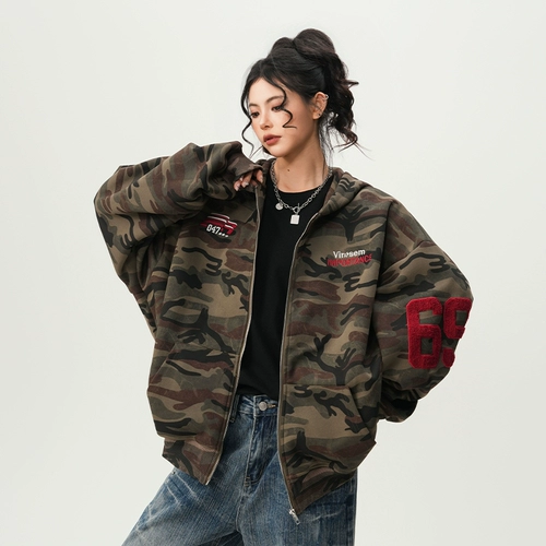 BWKA Камуфляжный кардиган, весенняя толстовка с капюшоном для отдыха, в американском стиле, оверсайз