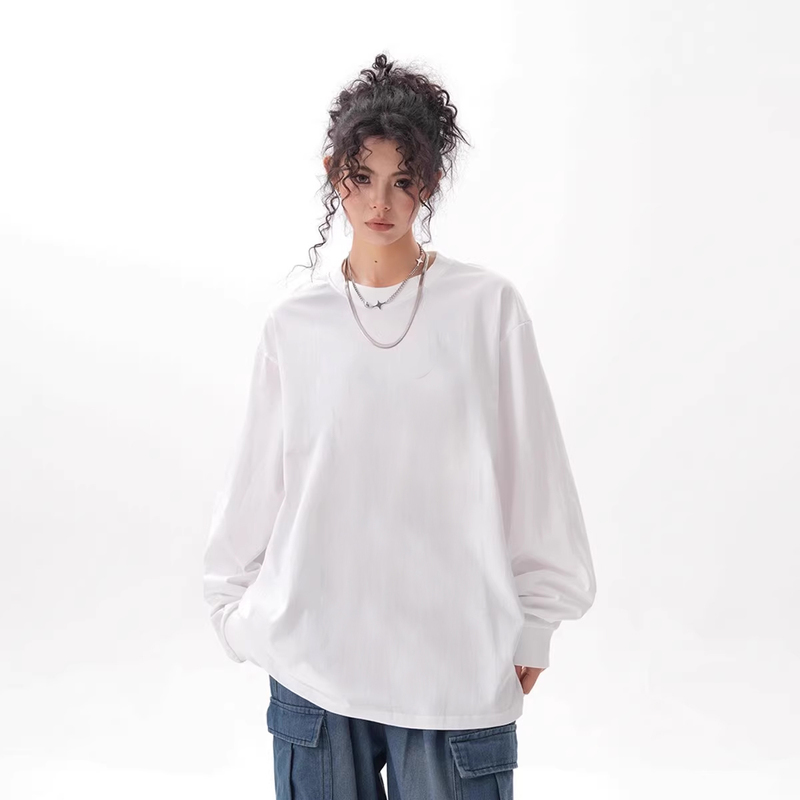 Bwka Heavyweight White Base Shirt for Women and Men, Spring and Autumn Trendy Brand Loose Casual Inner Wear Solid Color Round Neck Long Sleeve T-Shirt