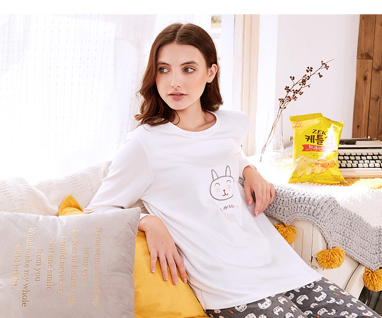 Bộ đồ ngủ cotton dài tay tiêu chuẩn Mỹ mùa xuân và mùa thu hoạt hình dễ thương có thể mặc giản dị cổ tròn phục vụ nhà cotton phù hợp với mùa đông đồ bộ vải đũi