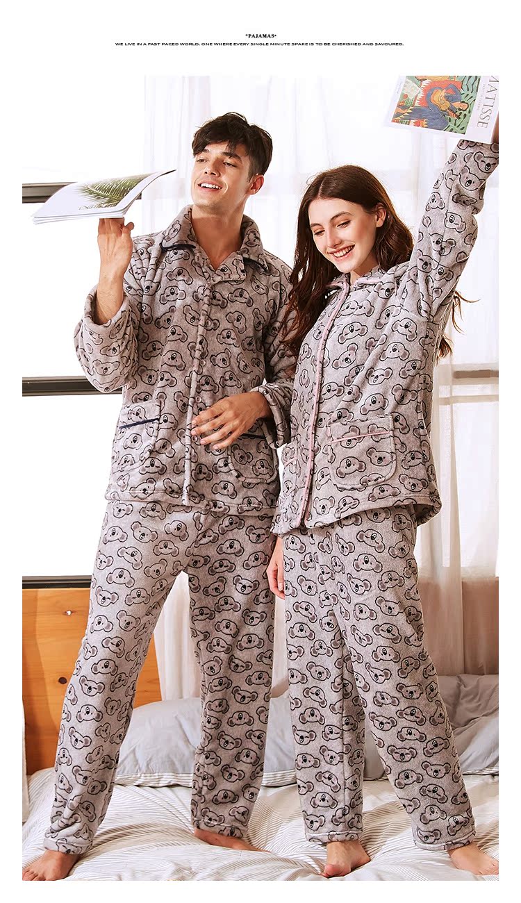 Bộ đồ ngủ nhung san hô tiêu chuẩn Mỹ hai mảnh phù hợp với nữ mùa thu và ve áo mùa đông cộng với nhung dày flannel những người yêu thích dịch vụ gia đình mùa đông đồ ngủ nữ