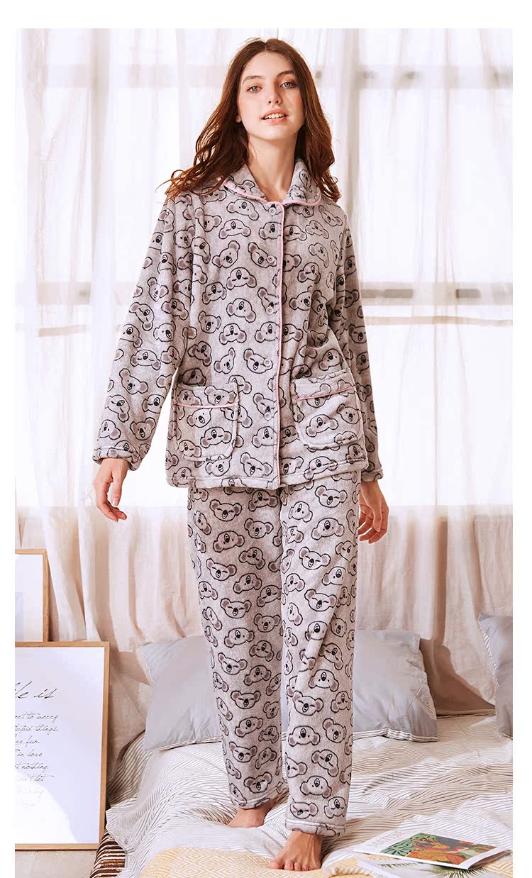Bộ đồ ngủ nhung san hô tiêu chuẩn Mỹ hai mảnh phù hợp với nữ mùa thu và ve áo mùa đông cộng với nhung dày flannel những người yêu thích dịch vụ gia đình mùa đông đồ ngủ nữ