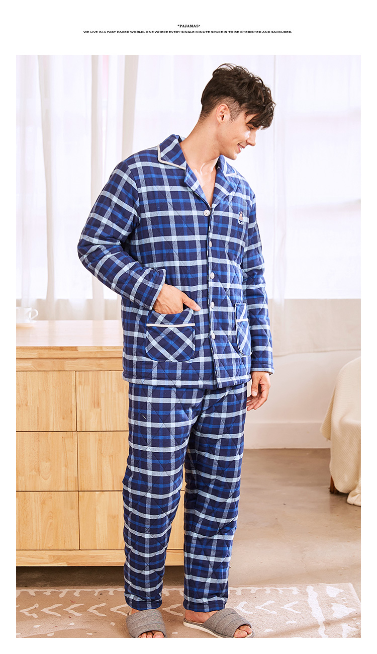 Mỹ tiêu chuẩn mới đồ ngủ quilted phụ nữ mùa thu và mùa đông bông dày ba lớp cotton kẻ sọc nhà dịch vụ phù hợp với nam giới thời trang mặc nhà