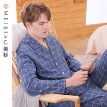 American standard long-sleeved cotton pajamas mens spring and autumn cotton plaid casual can be worn outside home clothes two-piece suit summer