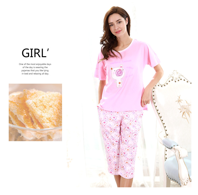 American tiêu chuẩn mùa hè mới cho phụ nữ bộ đồ ngủ cotton hai mảnh phù hợp với phim hoạt hình dễ thương có thể mặc nhà đồ bộ vải đũi