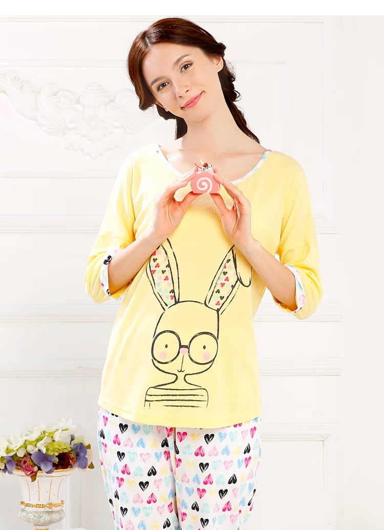 Bộ đồ ngủ cotton mùa xuân và mùa hè tiêu chuẩn mới của phụ nữ có thể được mặc bên ngoài phim hoạt hình dễ thương tay áo dịch vụ nhà hai mảnh phù hợp với mùa thu thời trang nữ đẹp