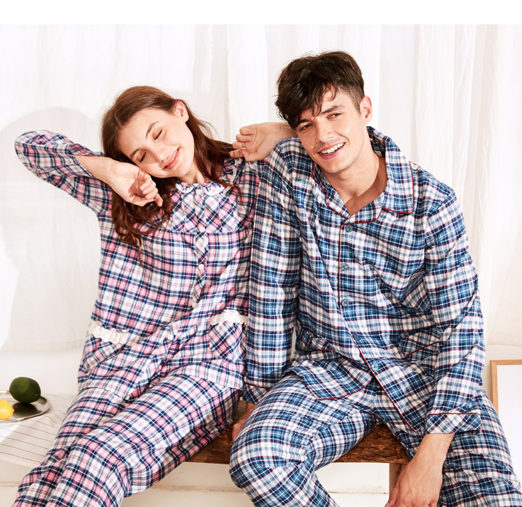 Bộ đồ ngủ cotton dài tay tiêu chuẩn của Mỹ cho nam và nữ mùa xuân và mùa thu có thể mặc đồ cotton kẻ sọc phục vụ mùa đông bộ đồ mặc nhà mùa hè
