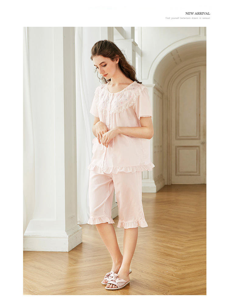 Bộ đồ ngủ satin ngắn tay tiêu chuẩn Mỹ mùa hè mới dành cho nữ cotton ngọt ngào dễ thương phần mỏng phục vụ tại nhà kiểu đồ bộ