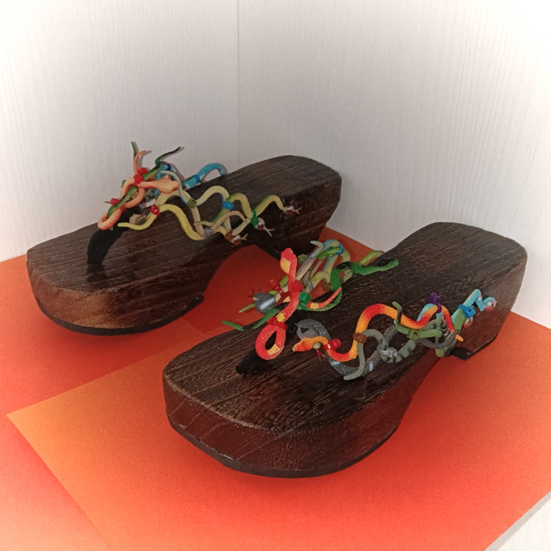 Objects Outside the Window Osw Group of Snakes Coiled Around Flip-Flops Original Handmade Wooden Clogs
