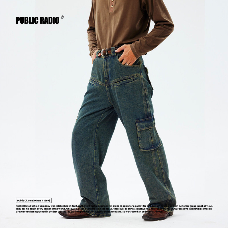 Public Radio｜American Retro Alloy Bullet Classic Multi-Pocket Jeans Wide-Leg Washed Raw Denim