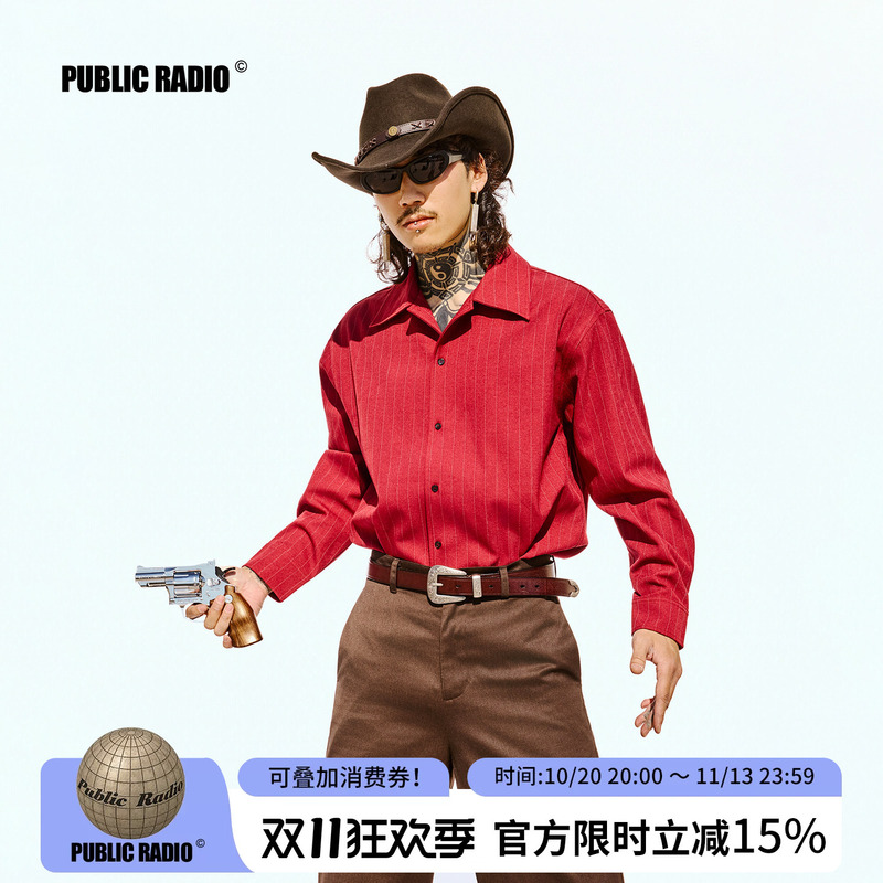 Public Radio｜Western Mexican Hero Series Thick Striped Shirt with Mandarin Collar for Hippies