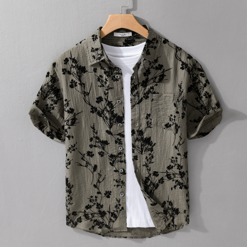 Floral Jacquard Short-Sleeved Shirt for Men, Summer Personalized Retro Printed Short-Sleeved Top, Casual Loose Shirt, Trendy