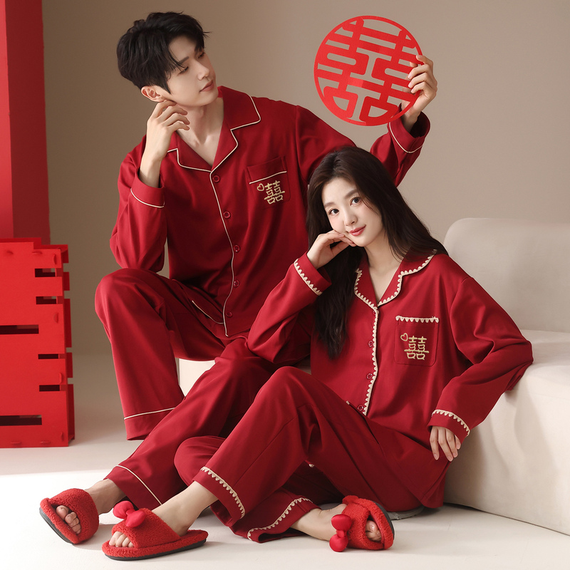 Pure Cotton Couple Pajamas for Newlyweds, Spring and Autumn Style, Autumn and Winter 2025 New Style, Men's and Women's Red Long-Sleeved Festive Set