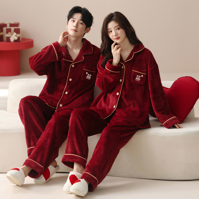 Coral Fleece Pajamas Wedding Couple Set 2026 New Long-Sleeve Autumn and Winter Red Thickened Home Wear Coral Fleece Pajamas Wedding Couple Set 2026 New Long-Sleeve Autumn and Winter Red Thickened Home Wear