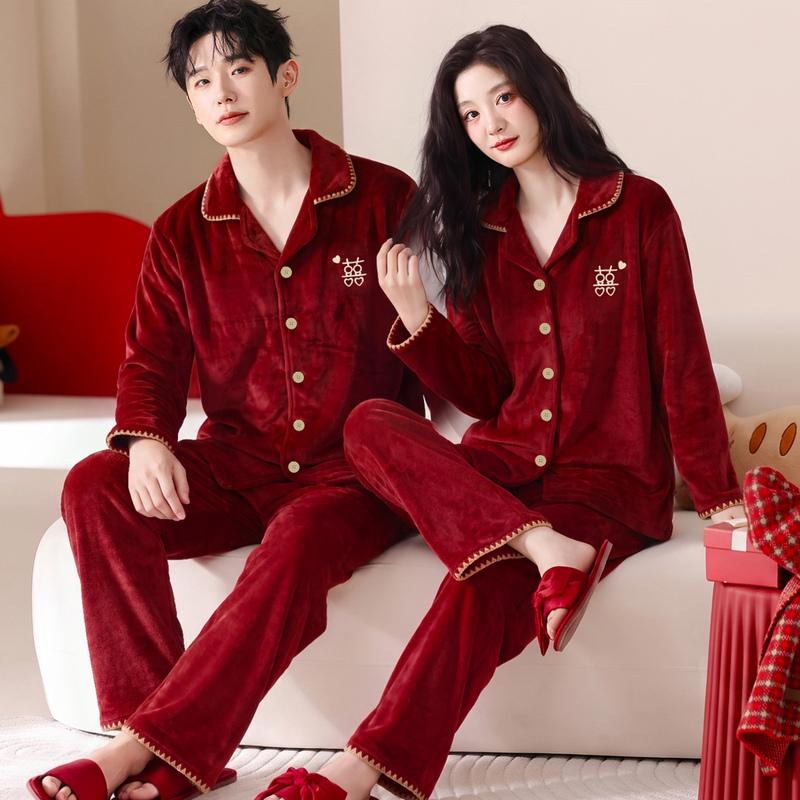 Flannel Pajamas for Newlyweds, Coral Velvet Long-Sleeved Autumn and Winter Red Thickened Wedding Home Clothes Flannel Pajamas for Newlyweds, Coral Velvet Long-Sleeved Autumn and Winter Red Thickened Wedding Home Clothes