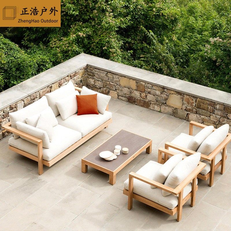 Outdoor open-air anti-corrosion wood sofa villa hotel courtyard garden waterproof sunscreen outdoor model room solid wood sofa - Taobao