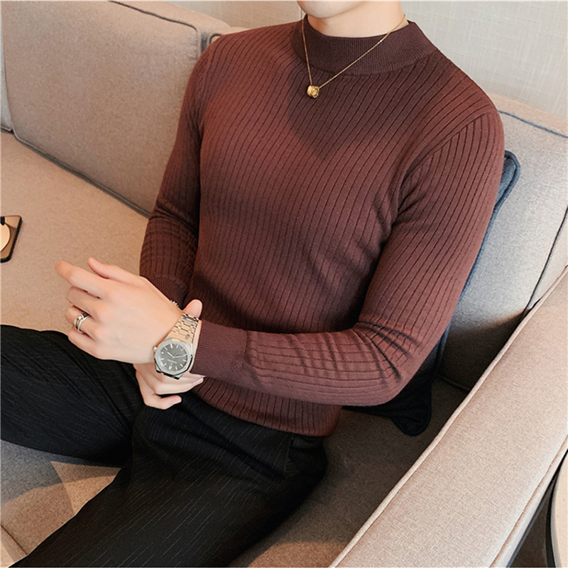Autumn and winter half turtleneck sweater men's tight-fitting knitted sweater long-sleeved slim-fit warm striped men's mid-high collar bottoming shirt