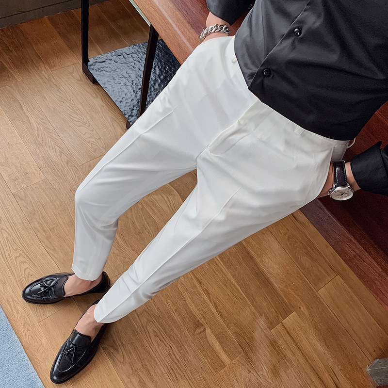 Men's casual trousers Korean version of the trend of slim small feet pendant British business fashion white suit pants men's trousers