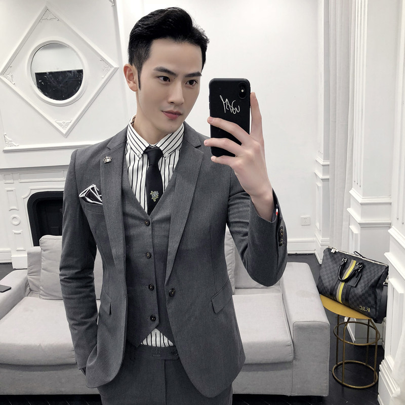 Men's casual suit set Korean version trend business professional formal dress wedding groom dress large size suit