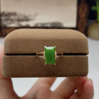 Natural jasper small square bag ring green gemstone cut women's ring classic square shape