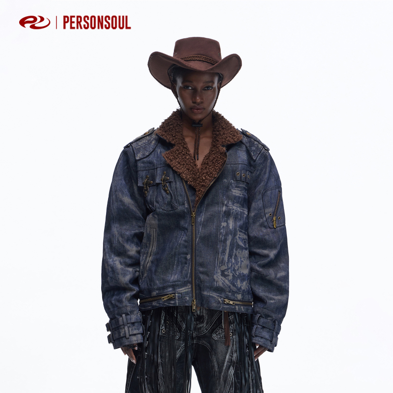 Personsoul* Laser Distressed Textured Lamb Wool Collar Padded Denim Jacket Personsoul* Laser Distressed Textured Lamb Wool Collar Padded Denim Jacket