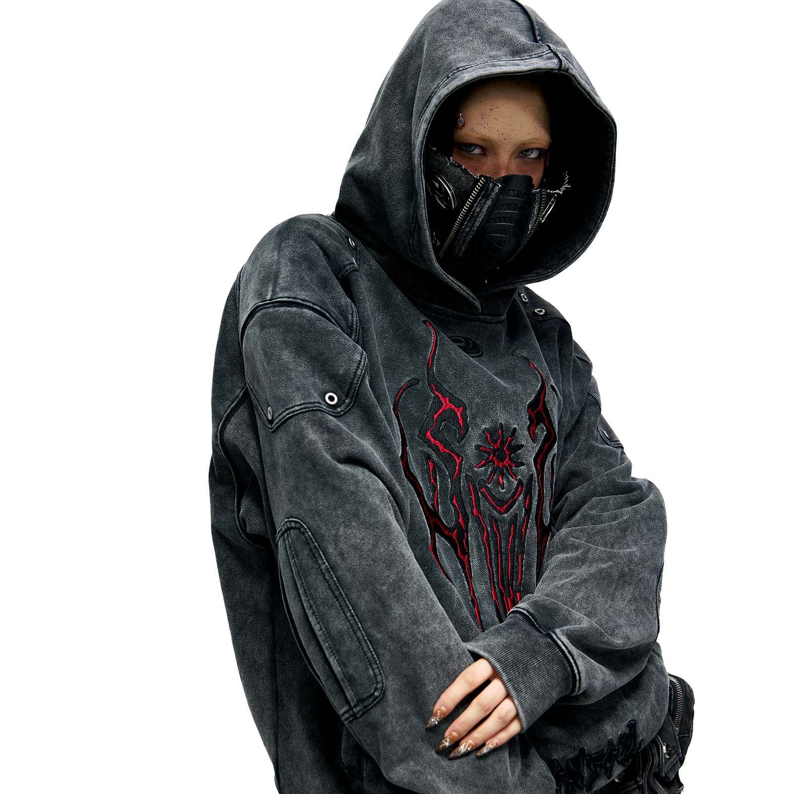 ПЕРСОНСОЛЬ Тотем вышитый худи Серый тотем худи Хлопковый толстовка distressed Punk street style утолщенная толстовка