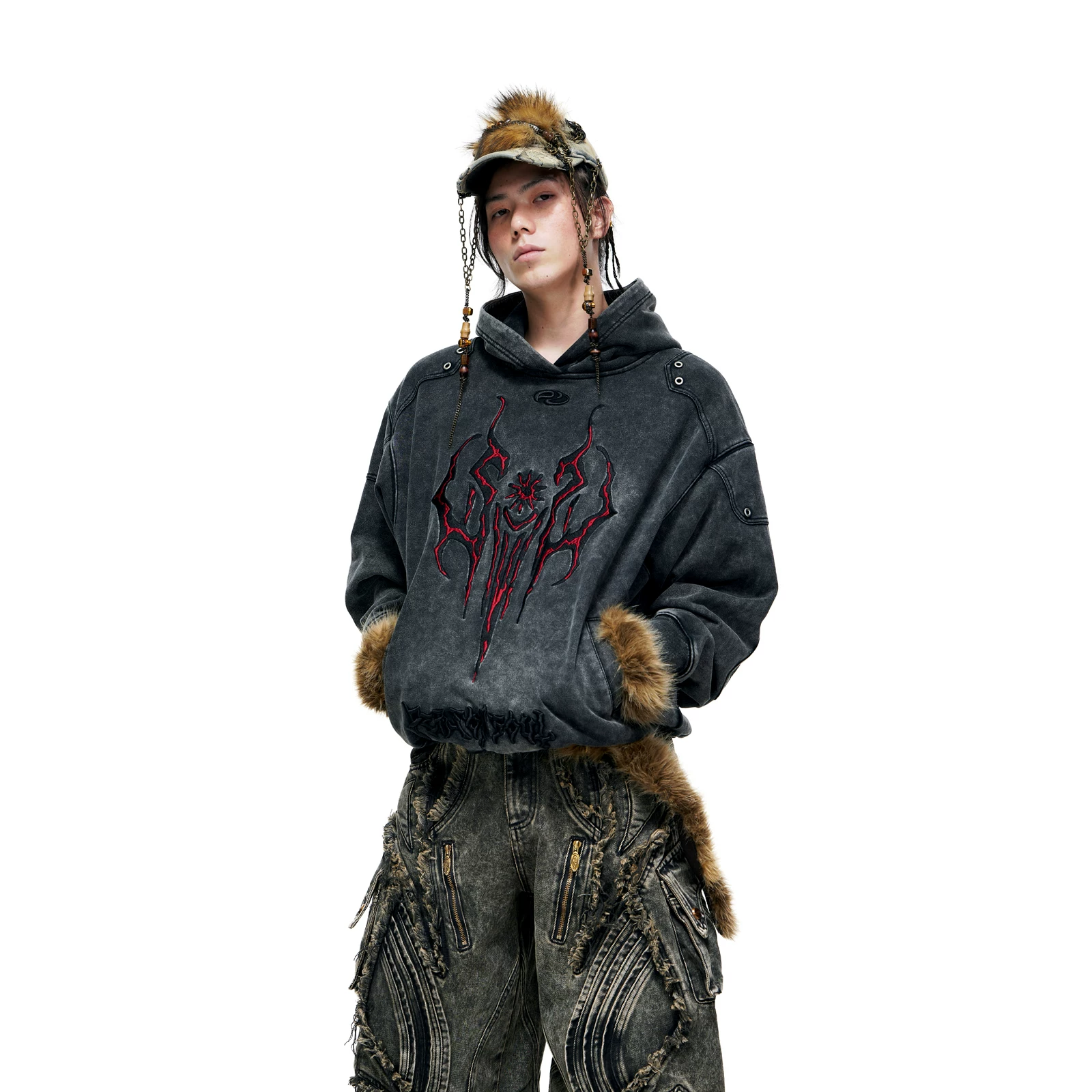 ПЕРСОНСОЛЬ Тотем вышитый худи Серый тотем худи Хлопковый толстовка distressed Punk street style утолщенная толстовка