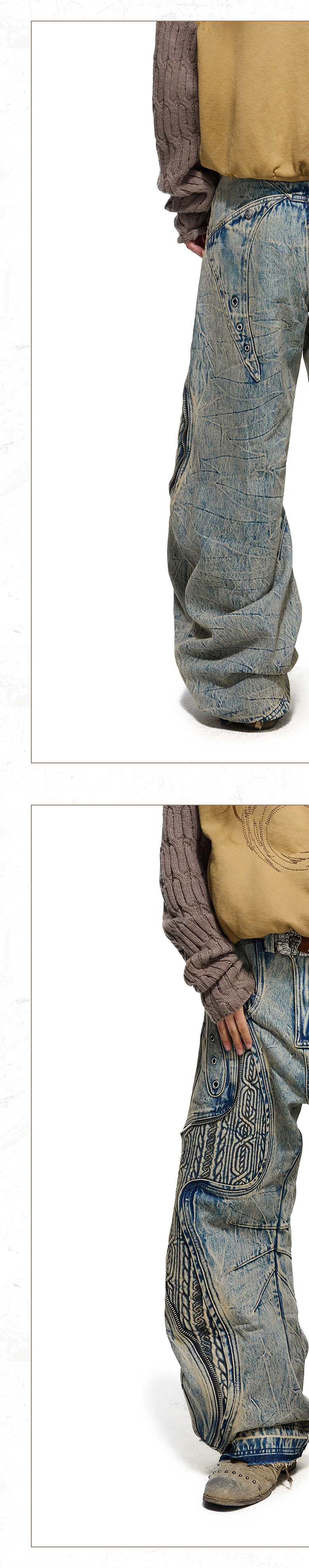 PERSONSOUL Embroidered Washed Paneled Jeans