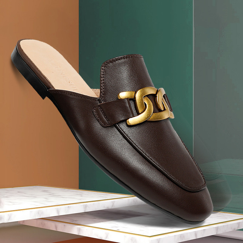 Chain Semi-slippers Men Muller shoes England slippers bull skin wearing half-dragged and lazy shoes