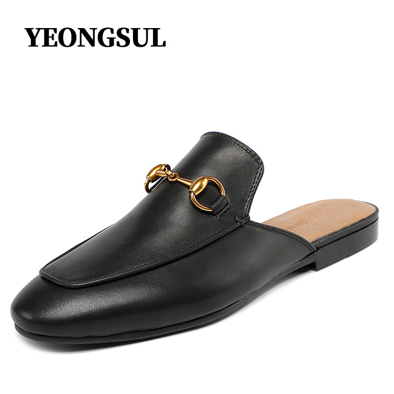 Leather horsebit buckle Baotou half slippers men's summer 2021 new Muller shoes wear lazy Baotou all-match sandals and slippers